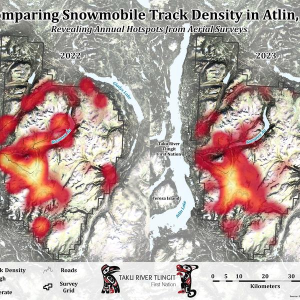 Heat map comparing snowmobile track density in Atlin BC