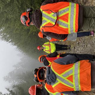 woman speaks, facing group of people with backs to us, all wearing high vis in the forest on a road